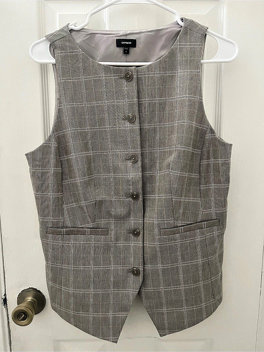 Express Editor Plaid Button Front Blazer Vest Gray & White Medium